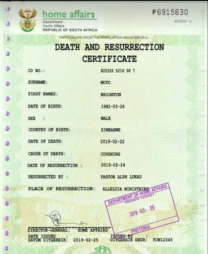 Death and resurrection certificate